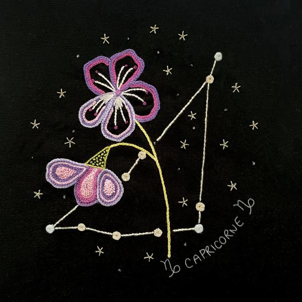 Constellation du capricorne et sa violette - Tissu Noir